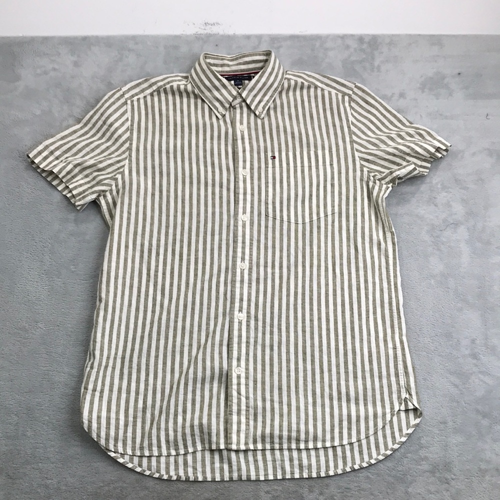 Tommy Hilfiger Tan & White Striped Linen Blend Short Sleeve Shirt M